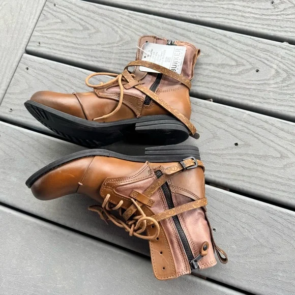 Bunker Sara Moto Boots Womens 9.5 Brown Leather Wrap Strap Combat - Picture 7 of 11